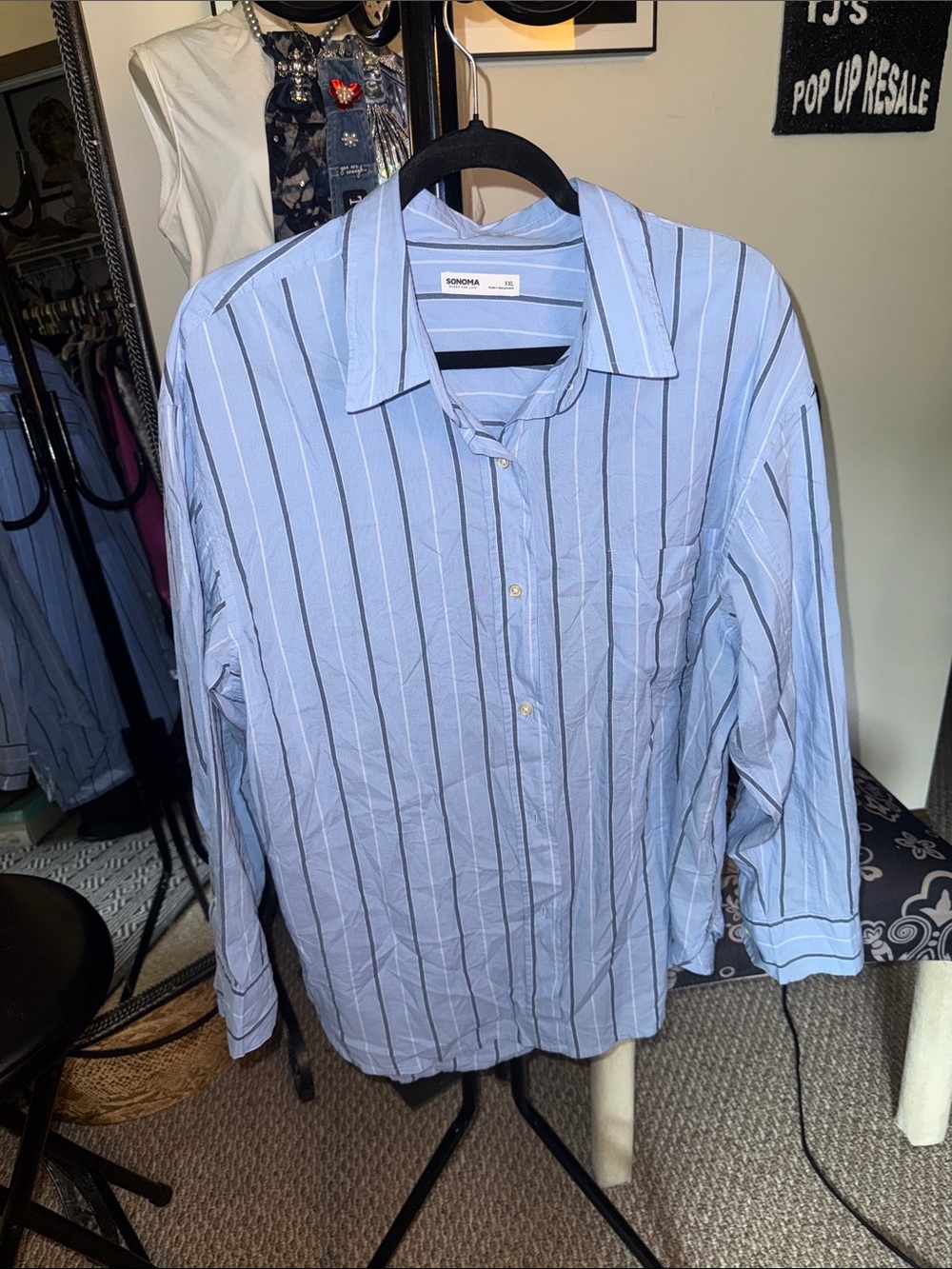 Sonoma Light Blue and Navy Vertical Stripe Men's Button-Down Shirt